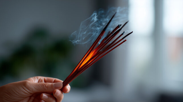 Hands holding several lit incense sticks, slowly fanning them to release fragrant smoke, ember ends glowing bright red, swirling smoke patterns illuminated by warm indoor lamp ligh