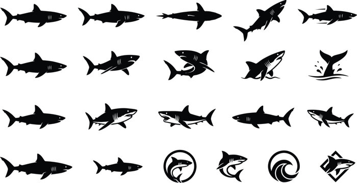 Mako Shark Silhouette Vector Icon Set &ndash; Black Shark Poses Clipart Collection