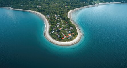 Fototapeta premium Top down perspective of a serene maritime village with clear waters and a tiny sandy shore