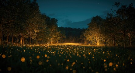 Obraz premium Magical field surrounded by dense trees lit by glowing firefly lights