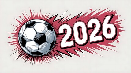 Action-styled soccer ball graphic for the year 2026 set against a bright magenta spiky burst design