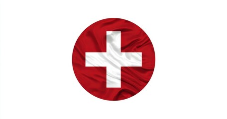 Obraz premium The Swiss flag in a circular fabric emblem with wavy texture on white background