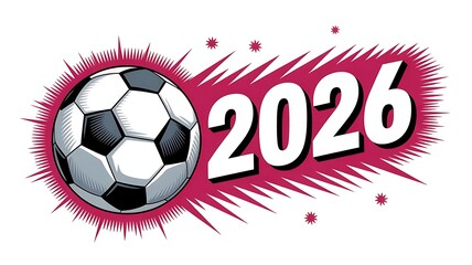 Dynamic 2026 football design with a high-contrast magenta burst and small stars on a clean white canvas