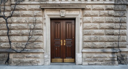 Fototapeta premium Stone facade entrance sealed with door backed by a calm tree outline