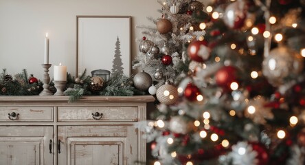 Scandinavian style Christmas interior featuring a dresser and decorated tree with wall mock up