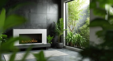 Minimalist therapy room with black cement wall and elegant white fireplace combined with vibrant greenery and gentle natural window light