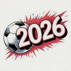A 2D vector illustration of a soccer ball and the year 2026 with motion-styled jagged magenta edges
