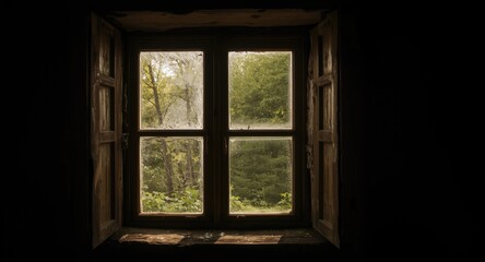 Fototapeta premium Sunlit rustic interior window with dual glass layers revealing a calm green environment