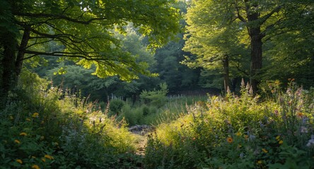 Relaxing nature environment with mixed flora and soft natural lighting