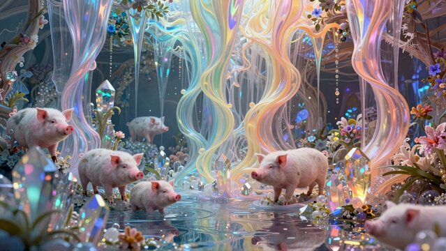 Illusory piglets frolic in futuristic fantasy forest
