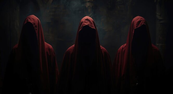 Satanic sect portrayal with enigmatic people in red cloaks and obscured expressions