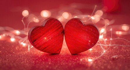 Fototapeta premium Two red wooden hearts shining with warm glow and glitter light sparkles