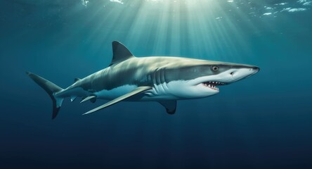 Fototapeta premium Thrilling underwater encounter featuring a shortfin mako shark