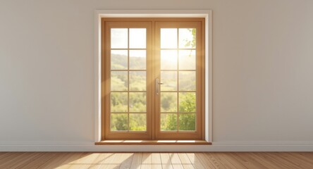 Fototapeta premium Sunlit double glass window frame in rustic decor revealing calm green natural surroundings