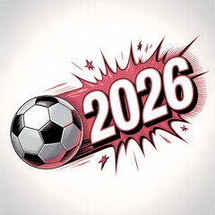 Stylized soccer ball with the year 2026 displayed prominently over a jagged magenta burst on a white background