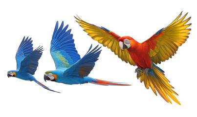  three flying parrots isolated on a white background: a blue macaw and two red and yellow macaws. -