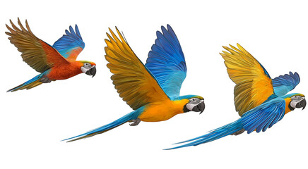  three flying parrots isolated on a white background: a blue macaw and two red and yellow macaws. -