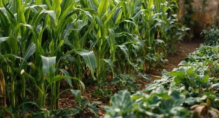 Obraz premium Traditional milpa bed cultivating a permaculture garden of corn, squash, and beans