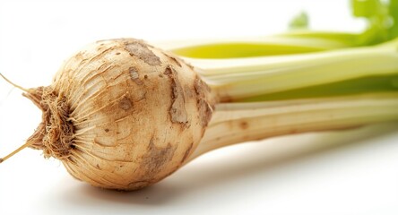 White background macro image focusing on single celery root