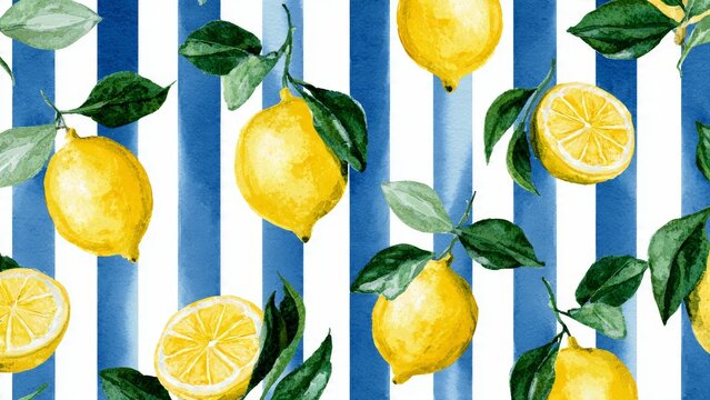 Seamless watercolor pattern of vibrant lemons with green leaves on a blue and white striped background