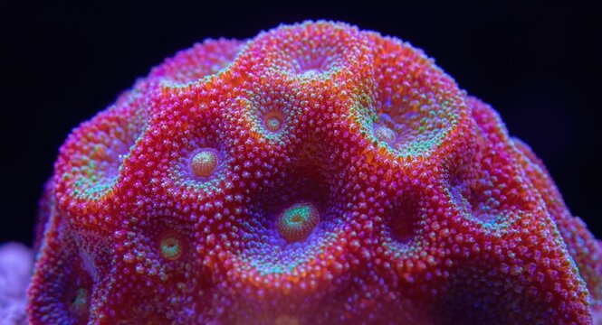 Glowing acanthastrea coral in rainbow colors with cratered details