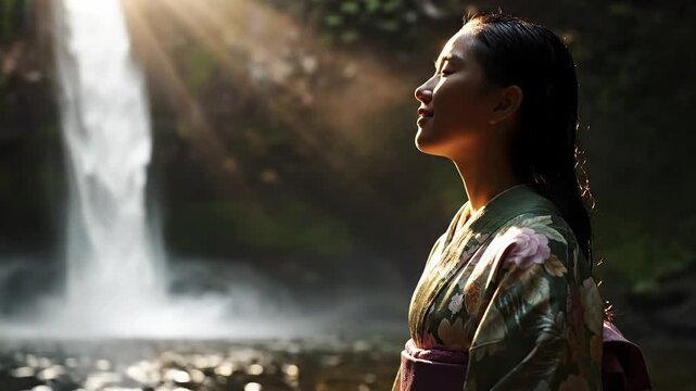 Serene young woman standing by a majestic waterfall, lost in thought with lush greenery and sunbeams dancing across her face and the misty atmosphere.