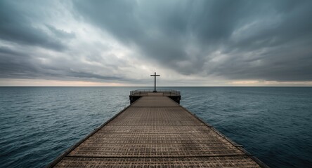 Uninhabited pier with a solitary cross amidst an endless ocean under a dramatic sky