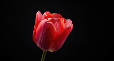 Vibrant tulip bloom illustrating bright scarlet and gentle pink shades over a dark background focusing on its delicate petals and floral beauty