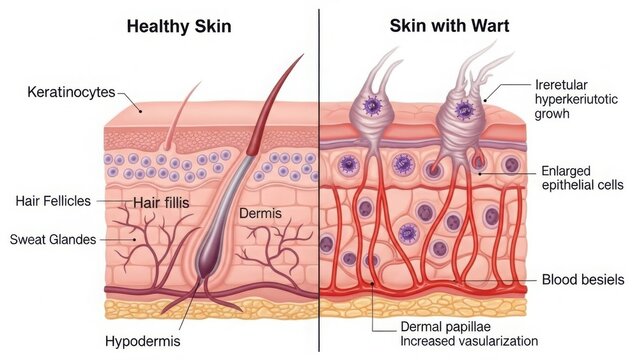 Comparison of healthy skin and skin with wart