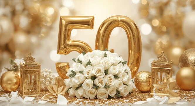 Golden 50th wedding anniversary decoration with white rose bouquet and soft blurred background for copy space