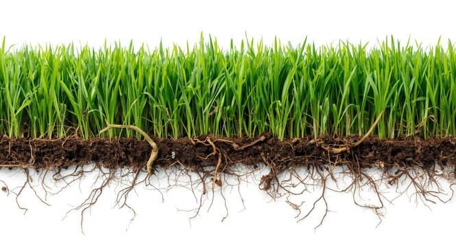 Close view of natural grass strip with roots and soil on a white backdrop
