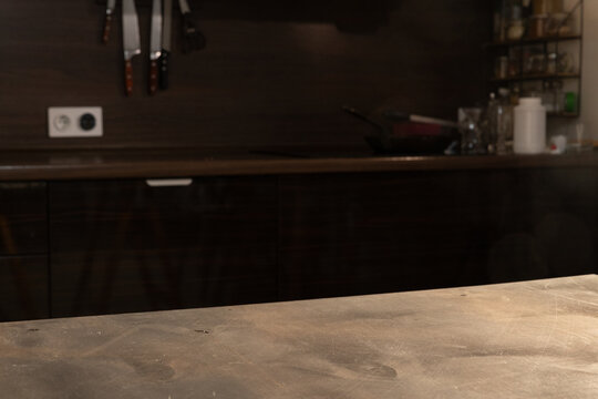 Dining table with copy space on background with kitchen sink and countertop composition 