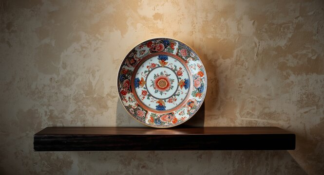 Japanese Imari ware plate on lacquer shelf wall with softly blurred backdrop suitable for studio background