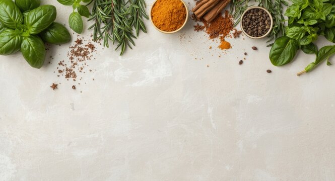 Top view of fresh herbs and spices arranged on a pale stone surface with copy space