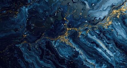 Glossy marble acrylic fluid art with ocean inspired dark blue waves and glittering golden swirls