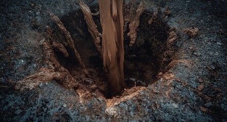 Fototapeta premium Storm drain opening releasing thick muddy slurry flow