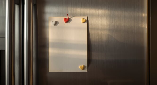 Vintage look blank paper pinned on fridge door with magnetic hearts for message writing