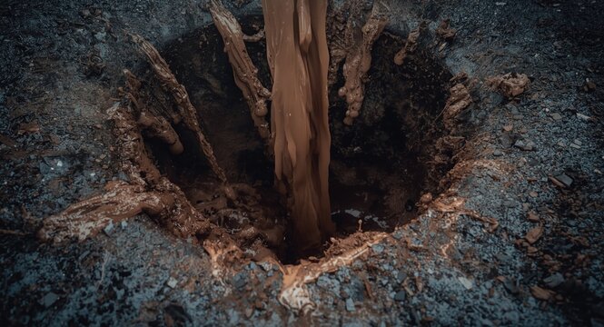 Storm drain opening releasing thick muddy slurry flow