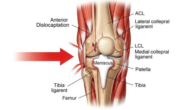 Detailed anatomy of the knee joint with labeled ligaments and meniscus