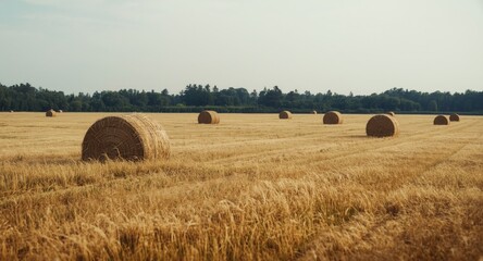 Open rural field full of hay bales blending into the grassy landscape
