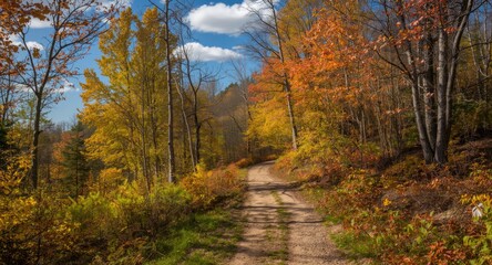 Obraz premium Meandering dirt track along woodland displaying colorful seasonal changes