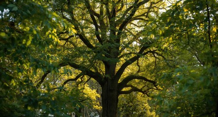 Obraz premium Tall oak tree flourishing with abundant verdant leaves in warm spring sunshine
