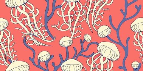 Stylized illustration of jellyfish and coral on a coral background © John Lee