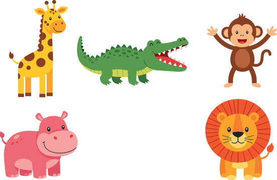 Cute cartoon safari animal collection featuring happy giraffe crocodile monkey pink hippo and lion isolated on white background for kids.