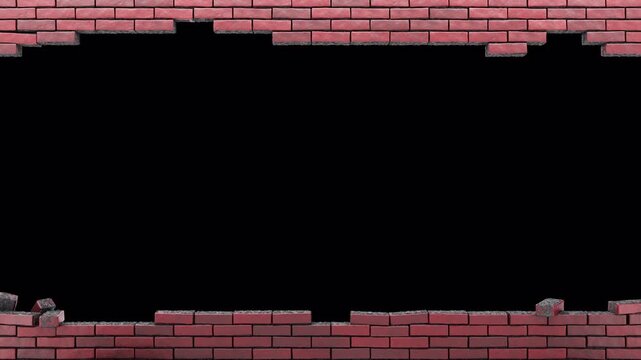 Brick wall destruction animation. Exploding red brick wall. Textured brick background with alpha channel, transparent background, and space for text. Hole in the brick wall for your design.