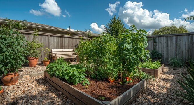 Compact backyard featuring lush raised vegetable beds with homegrown crops