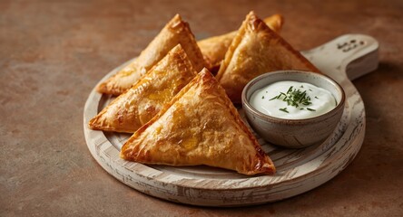 Crispy triangular filo pastries filled with Greek cheese served with tangy yoghurt sauce on wooden serving board