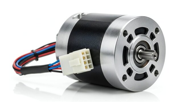 A metallic and black stepper motor with wires and connector, showing the shaft and mounting holes on white background