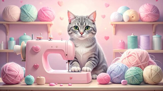 A curious cat sits near a pink sewing machine with yarn and shelves