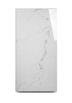 A vertical shot of a polished white marble tile with gray veining against a white background.
